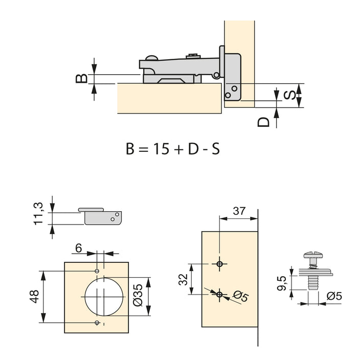 Kit von 20 Topfscharniere X91N Eckanschlag, Montageplatten vormontiereten Schrauben Spreizdübeln , Durchmesser 5x9.5mm, H 0, Stahl, vernickelt