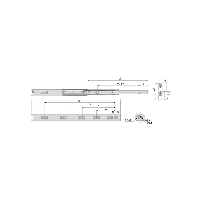 Satz kugelgelagerter Korpusschienen Schubladen Vollauszug Klammern, H 45mm, L 350mm, Stahl, Verzinkt
