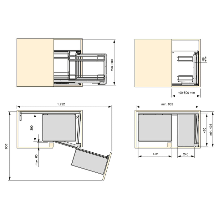 Ecksystem Titane Küchenmöbel, ausziehbar, rechts öffnend, Stahl Holz, Anthrazitgrau