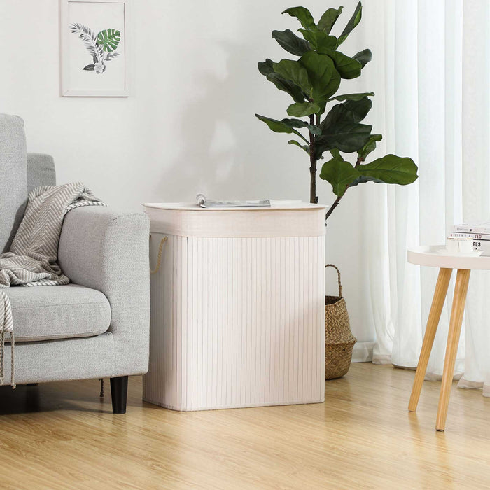 SONGMICS | Wäschekorb aus Bambus mit Deckel und Griffen Weiß