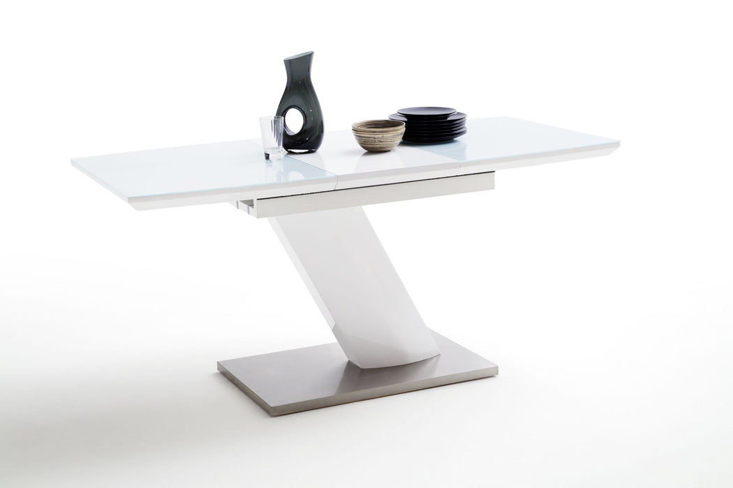 MCA | GALINA SÄULENAUSZUGSTISCH | 120(160)X80CM,TP: MDF HGW | BP: EDELSTAHL GEBÜRSTET