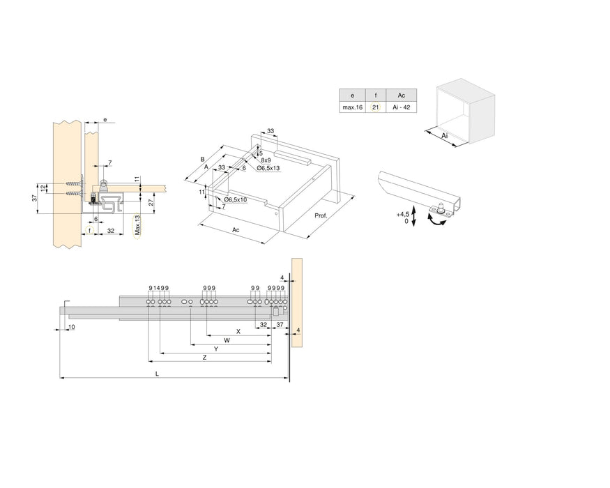 Satz Unterflurführungen Silver, Vollauszug, Push, T 350mm, Stahl, Verzinkt