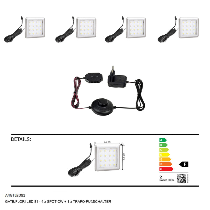 Hometrend | GATE/FLORI LED 81-4xSPOT-CW+1xTRAFO-FUßSCHALTER