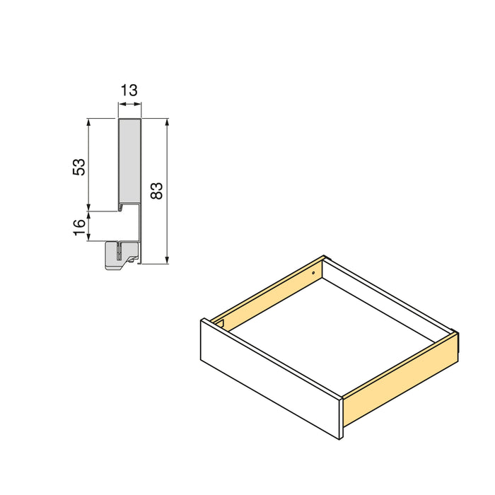 Aussenschublade Vertex 3D-Regelung, H 83mm, 40Kg, T 500mm, Stahl, Weiß lackiert