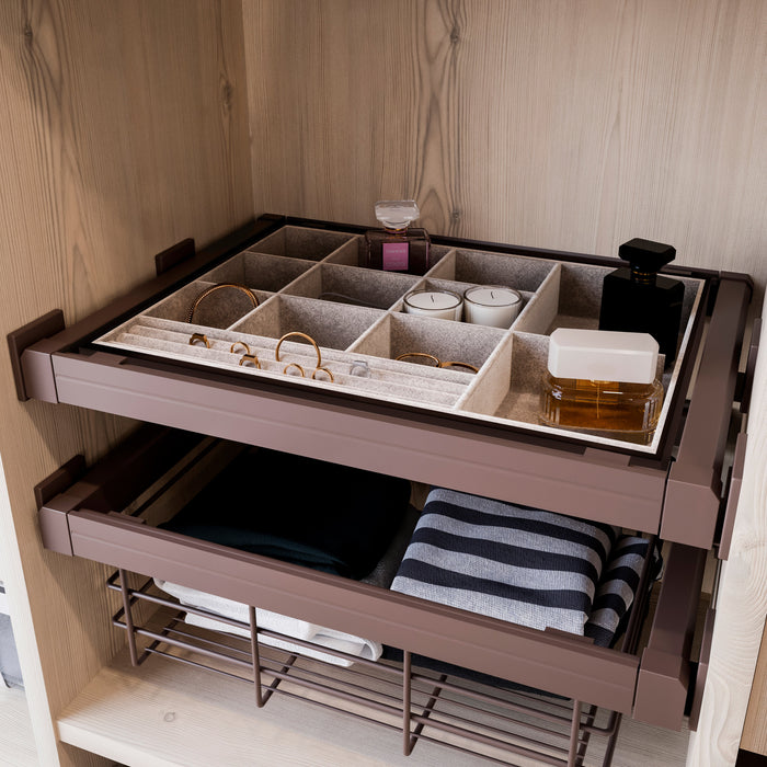 Set aus Drahtkorb Schieberahmen Mokkaschränke, sanftes Schliessen, verstellbar, 900mm Modul, Stahl Aluminium, Farbe moka