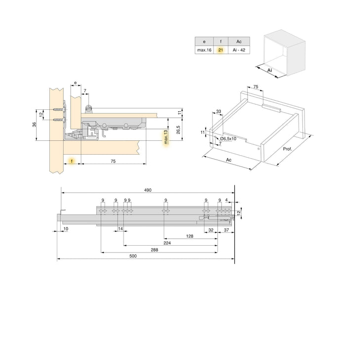 Emuca Satz von 10 Unterflurführungenset Silver, Vollauszug, Schließautomatik Halterung, T 490mm, Stahl, Verzinkt
