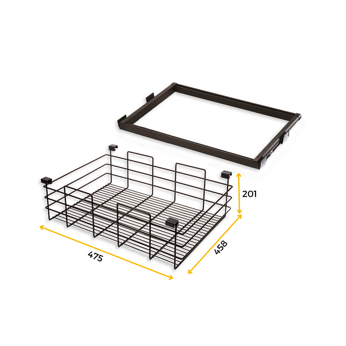 Set aus Drahtkorb Schieberahmen Mokkaschränke, sanftes Schließen, verstellbar, 600mm Modul, Stahl Aluminium, Farbe moka