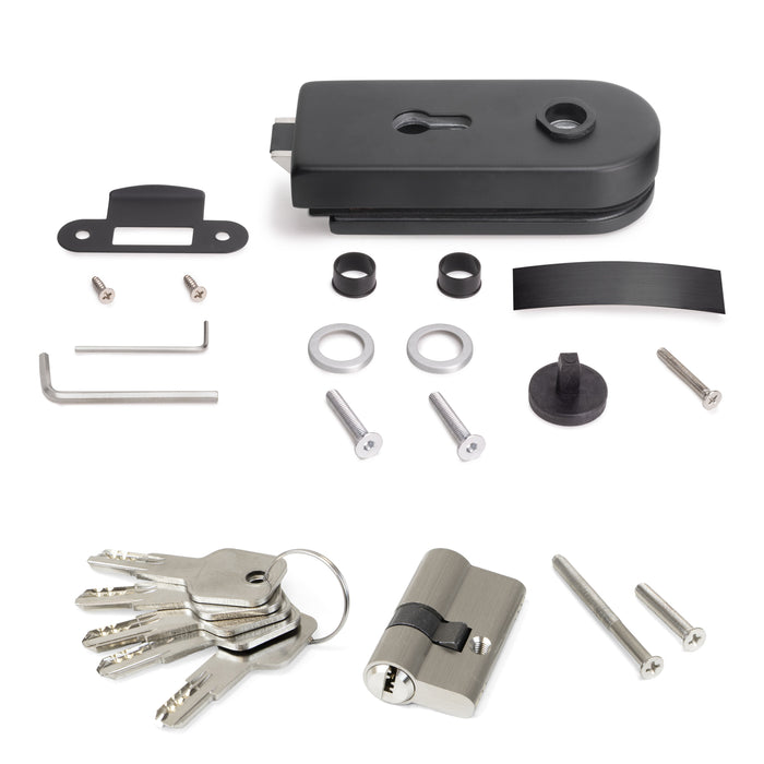 Schloss Glastür Holzrahmen, Zylinder Schlüssel, Glastür 8-12mm, Stahl Aluminium, schwarz lackiert