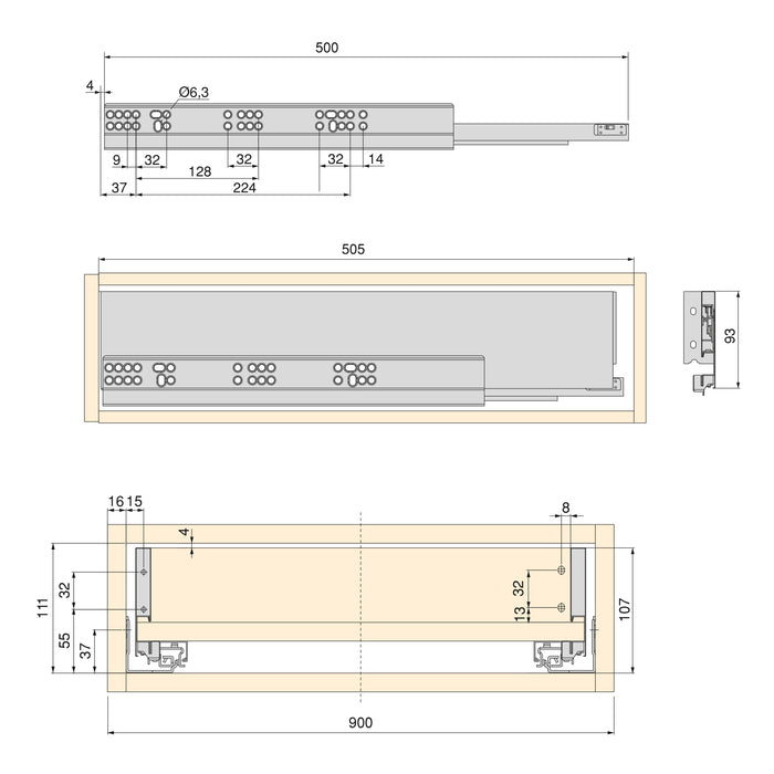 Schubladegarnitur Vertex Küche oder Badezimmer, H 93mm, Einlegeböden, Modul 900mm, Weiß lackiert