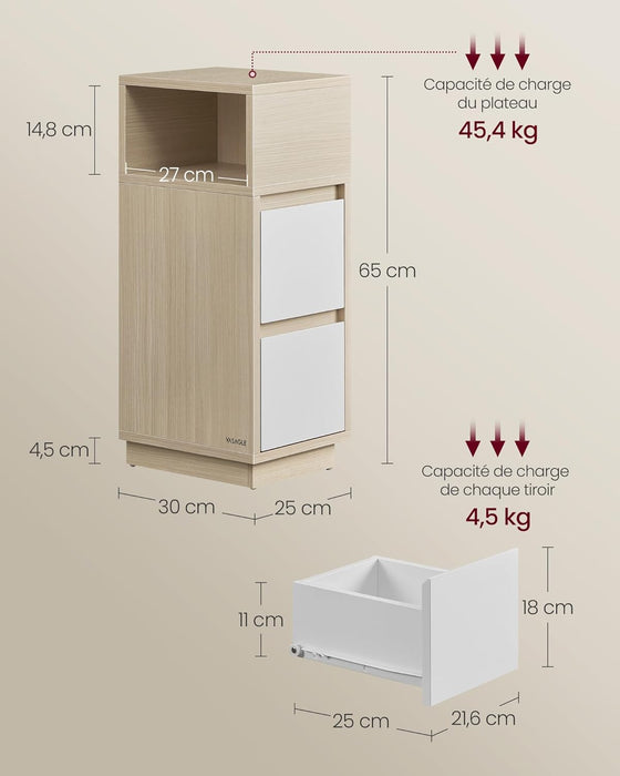 AUSLAUF VASAGLE | Kailyn Collection - Narrow Nightstand, Side Table, 2 Drawers und Open Compartment, Left or Right Mounting, Bedroom, Living Room, Natural Beige und Cloud weiß LET656N01