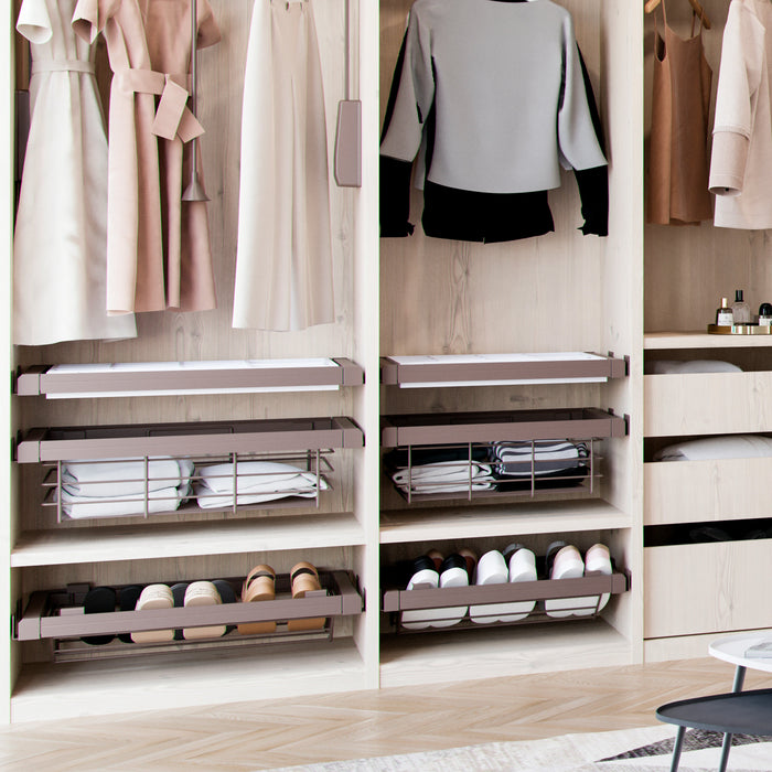 Set aus Drahtkorb Schieberahmen Mokkaschränke, sanftes Schliessen, verstellbar, 900mm Modul, Stahl Aluminium, Farbe moka