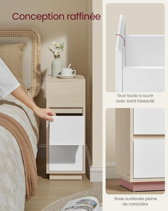AUSLAUF VASAGLE | Kailyn Collection - Narrow Nightstand, Side Table, 2 Drawers und Open Compartment, Left or Right Mounting, Bedroom, Living Room, Natural Beige und Cloud weiß LET656N01
