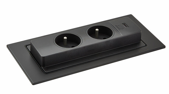 Evoline | Evoline® BackFlip USB C, Steckdosenelement, mit belgischen/französischen Steckdosen, flächenbündig H 2,6 mm, schwarz lackiert