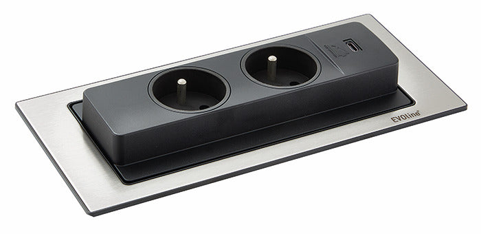 Evoline | Evoline® BackFlip USB C, Steckdosenelement, mit belgischen/französischen Steckdosen, flächenbündig H 2,6 mm, Edelstahl
