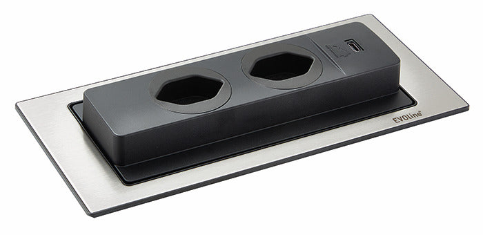 Evoline | Evoline® BackFlip USB C, Steckdosenelement, mit schweizer Steckdosen, flächenbündig H 2,6 mm, Edelstahl