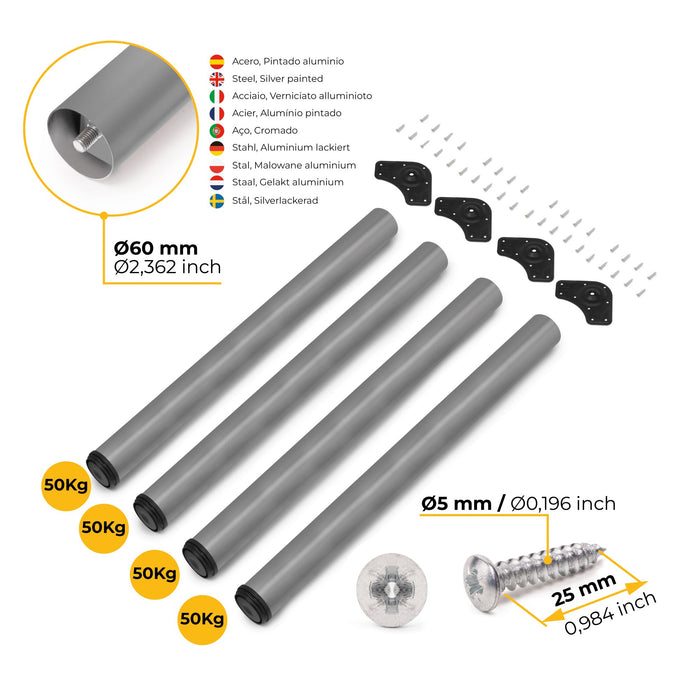 Lot von 4 Tischbeine, Durchmesser 60mm, H 830mm, Stahl, Silbergrau