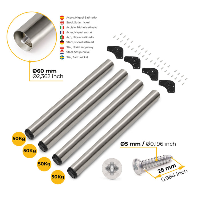 Lot von 4 Tischbeine, Durchmesser 60mm, H 830mm, Stahl, Nickel satiniert