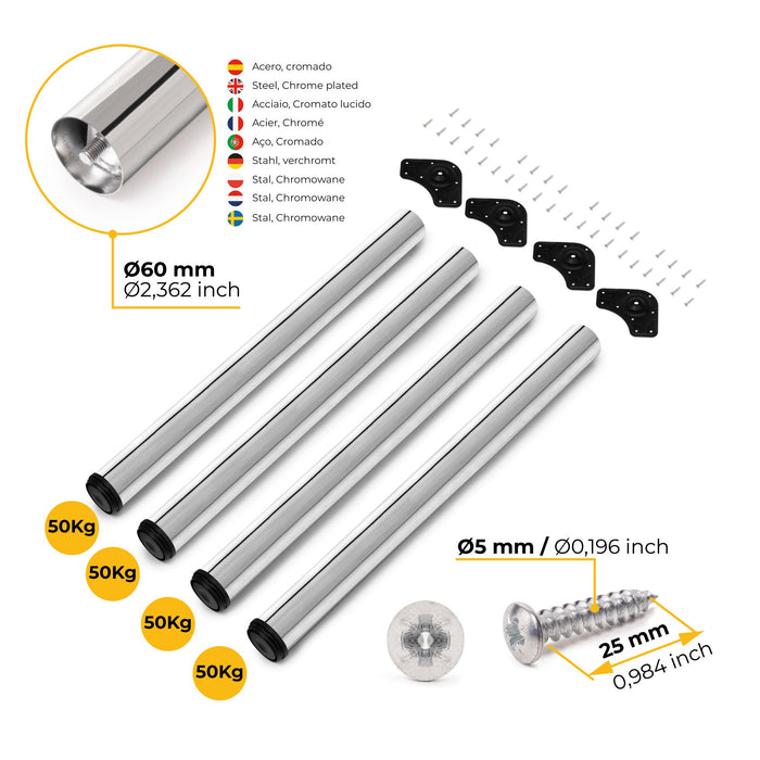 Lot von 4 Tischbeine, Durchmesser 60mm, H 710mm, Stahl, Verchromt