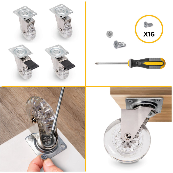 Lot von 4 transparente Rollen Slip Montageplatte, Durchmesser 75mm, Stahl Kunststoff