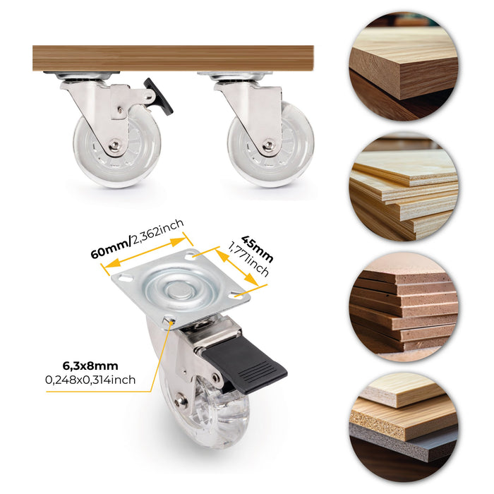 Lot von 4 transparente Rollen Slip Montageplatte, Durchmesser 75mm, Stahl Kunststoff