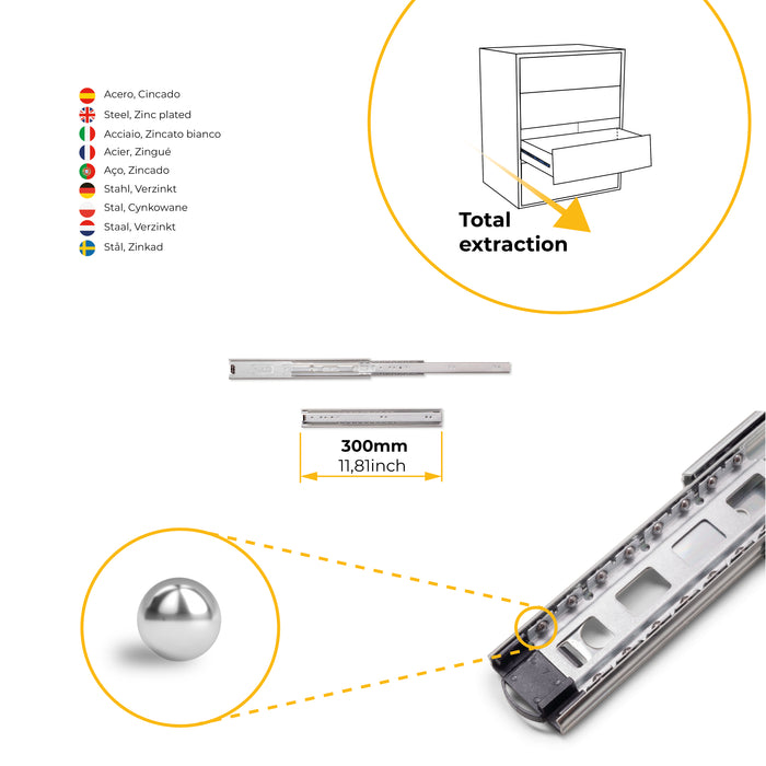 Emuca NEU | Satz kugelgelagerter Korpusschieneen für Schubladen mit Vollauszug, Höhe 45mm, Länge 300mm, Stahl, Verzinkt