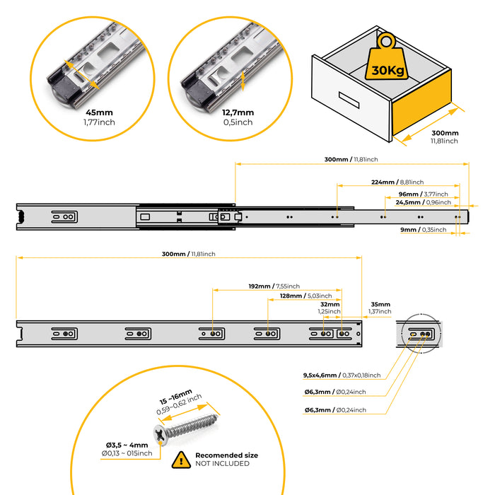 Emuca NEU | Satz kugelgelagerter Korpusschieneen für Schubladen mit Vollauszug, Höhe 45mm, Länge 300mm, Stahl, Verzinkt