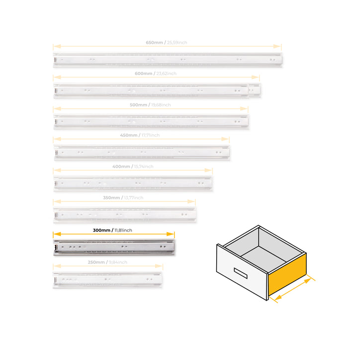 Emuca NEU | Satz kugelgelagerter Korpusschieneen für Schubladen mit Vollauszug, Höhe 45mm, Länge 300mm, Stahl, Verzinkt