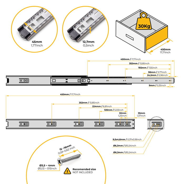 Satz kugelgelagerter Korpusschienen Schubladen Vollauszug, H 45mm, L 450mm, Stahl, Verzinkt