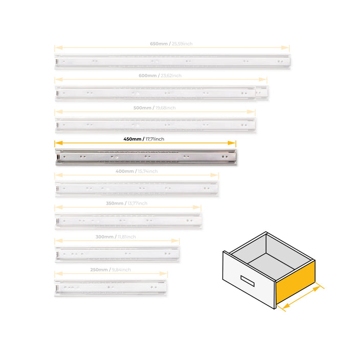 Satz kugelgelagerter Korpusschienen Schubladen Vollauszug, H 45mm, L 450mm, Stahl, Verzinkt