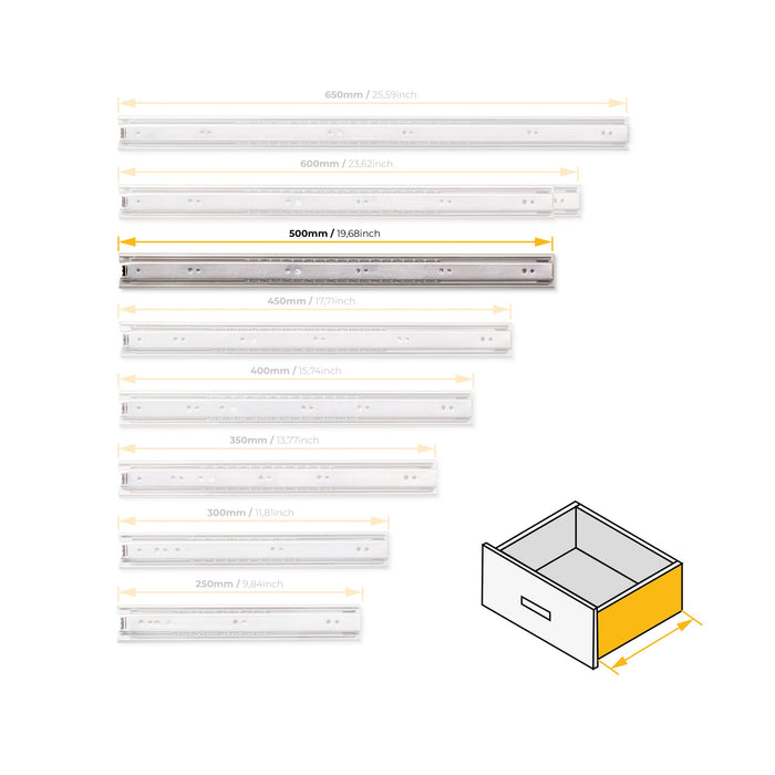 Satz kugelgelagerter Korpusschienen Schubladen Vollauszug, H 45mm, L 500mm, Stahl, Verzinkt