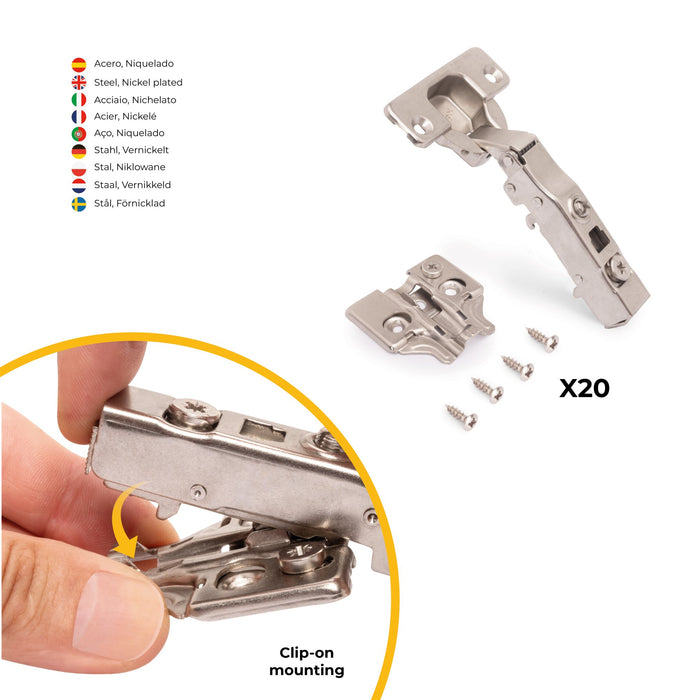Kit von 20 Topfscharniere X91 Eckanschlag sanftem Schließautomatik Kreuzmontageplatten zum Schrauben, H 0, Stahl, vernickelt