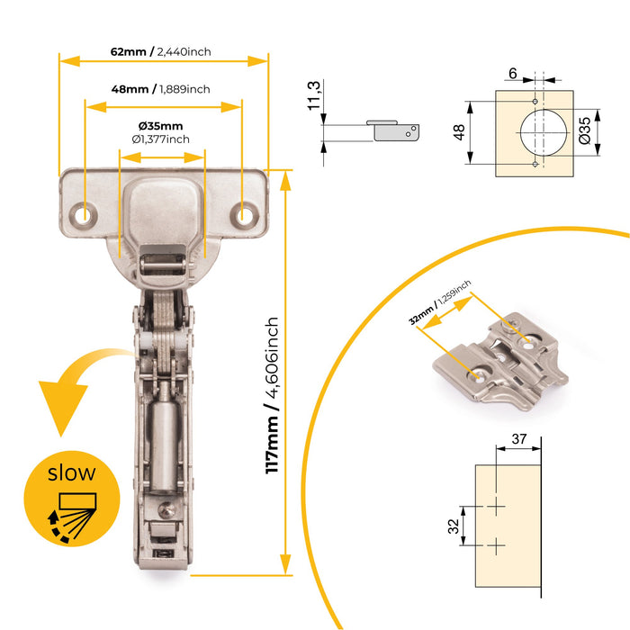 Kit von 20 Topfscharniere X91 Eckanschlag sanftem Schließautomatik Kreuzmontageplatten zum Schrauben, H 0, Stahl, vernickelt