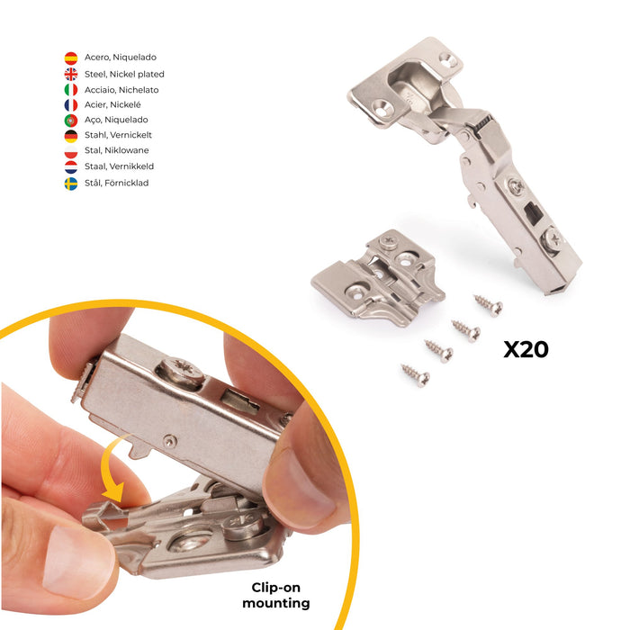 Kit von 20 Topfscharniere X91 telanschlag Schließautomatik Kreuzmontageplatten zum Schrauben, H 0, Stahl, Vernickelt