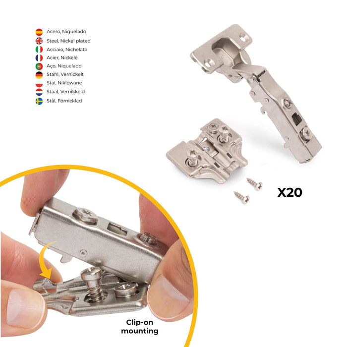 Kit von 20 Topfscharniere X91 Eckanschlag Schließautomatik Euro-Unterlegscheiben, H 0, Stahl, vernickelt