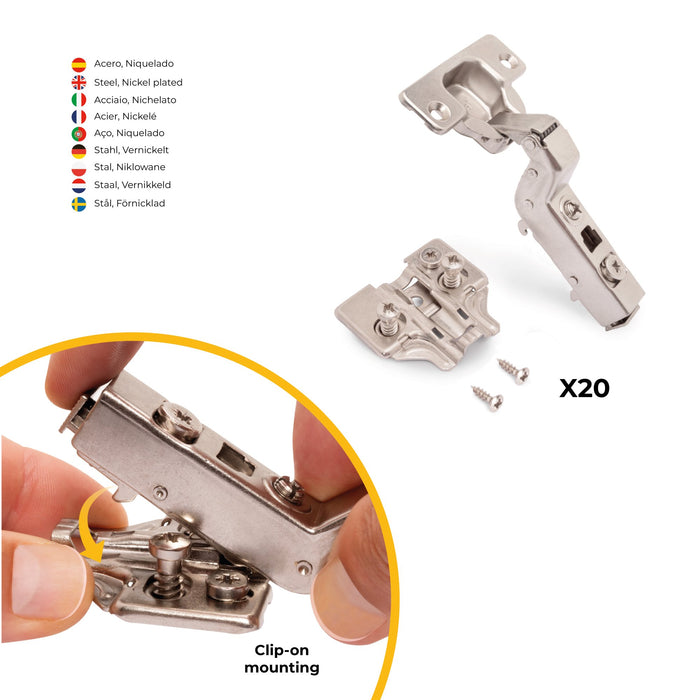 Kit von 20 Topfscharniere X91 Innenanschlag sanften Schließen Ergänzungen, H 0, Stahl, Vernickelt