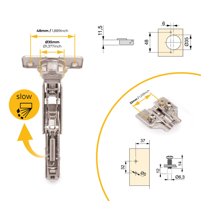 Kit von 10 Topfscharniere X91 Eckanschlag 165 Grad Öffnungswinkel Schließautomatik Kreuzmontageplatten Euroschraube, H 0, Stahl, vernickelt