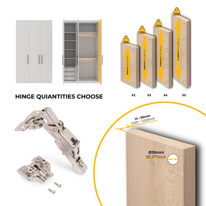Kit von 10 Topfscharniere X91 Eckanschlag 165 Grad Öffnungswinkel Schließautomatik Kreuzmontageplatten Euroschraube, H 0, Stahl, vernickelt
