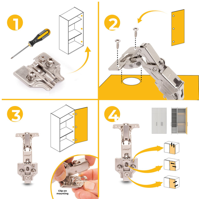 Kit von 10 Topfscharniere X91 Eckanschlag 165 Grad Öffnungswinkel Schließautomatik Kreuzmontageplatten Euroschraube, H 0, Stahl, vernickelt