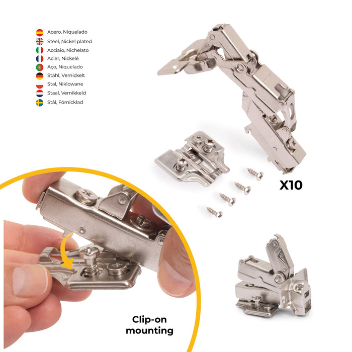 Kit von 10 Topfscharniere X91 telanschlag 165 Grad Öffnungswinkel Schließautomatik Euro-Einsätzen, H 0, Stahl, vernickelt