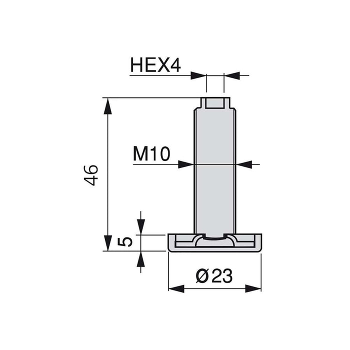 Lot von 20 Nivellierer Möbel, Innenverstellung, M10, Durchmesser 23mm, H 46mm, Stahl Kunststoff