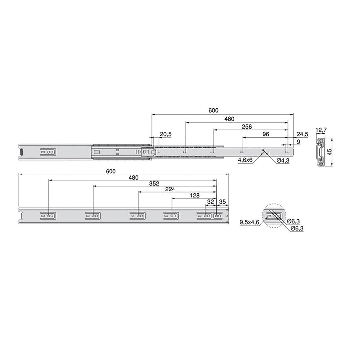 Satz kugelgelagerter Korpusschienen Schubladen Vollauszug, H 45mm, L 600mm, Stahl, Verzinkt