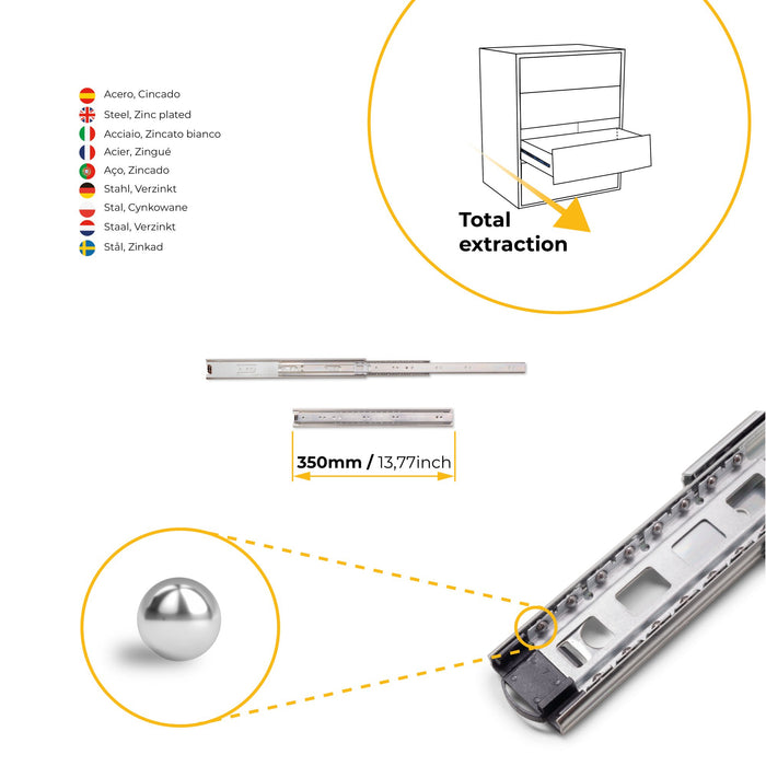 Satz kugelgelagerter Korpusschienen Schubladen Vollauszug, H 45mm, L 350mm, Stahl, Verzinkt