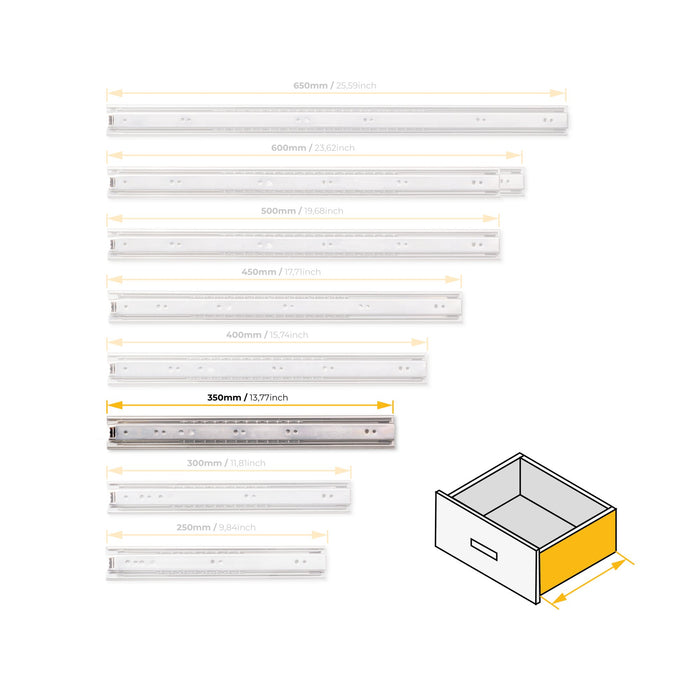 5er Satz Kugelführungen, H 45mm, T 350mm, Vollauszug, verzinkt