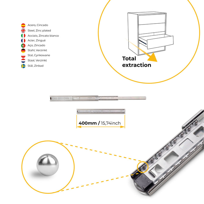 Satz kugelgelagerter Korpusschienen Schubladen Vollauszug, H 45mm, L 400mm, Stahl, Verzinkt