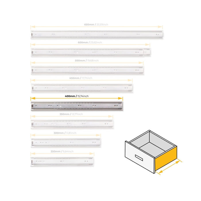 5er Satz Kugelführungen, H 45mm, T 400mm, Vollauszug, Verzinkt