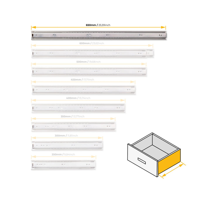 5er Satz Kugelführungen, H 45mm, T 650mm, Vollauszug, verzinkt