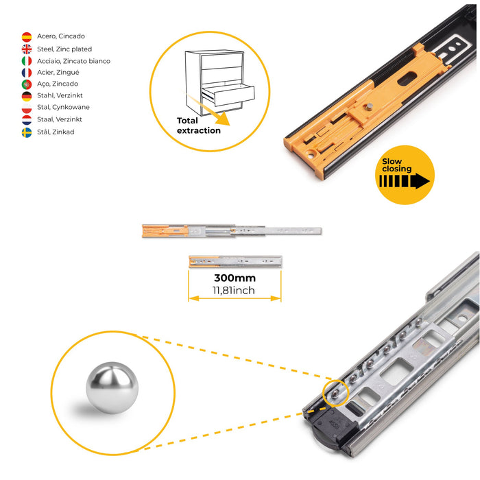 Satz kugelgelagerter Korpusschienen Schubladen Vollauszug, Schließautomatik, H 45mm, L 300mm, Stahl, Verzinkt
