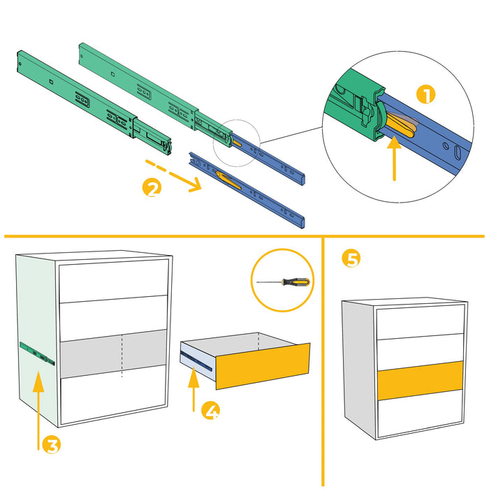 5er Satz Kugelführungen, H 45mm, T 350mm, Vollauszug, Schließautomatik, Verzinkt