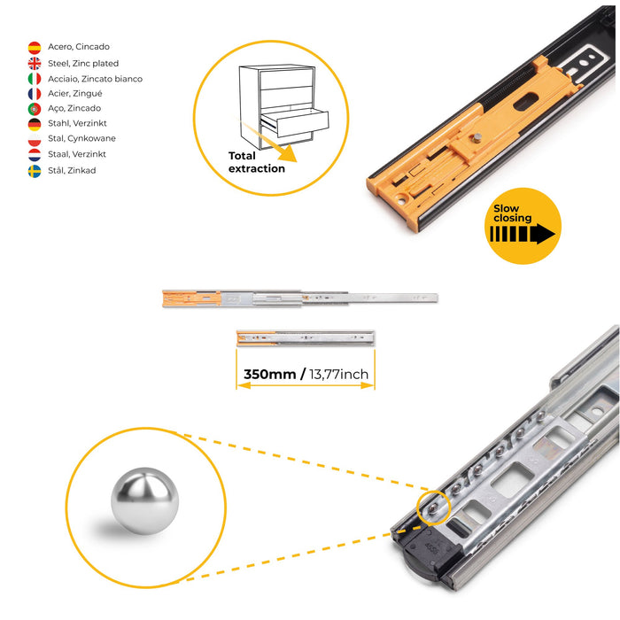 Satz kugelgelagerter Korpusschienen Schubladen Vollauszug, Schließautomatik, H 45mm, L 350mm, Stahl, Verzinkt