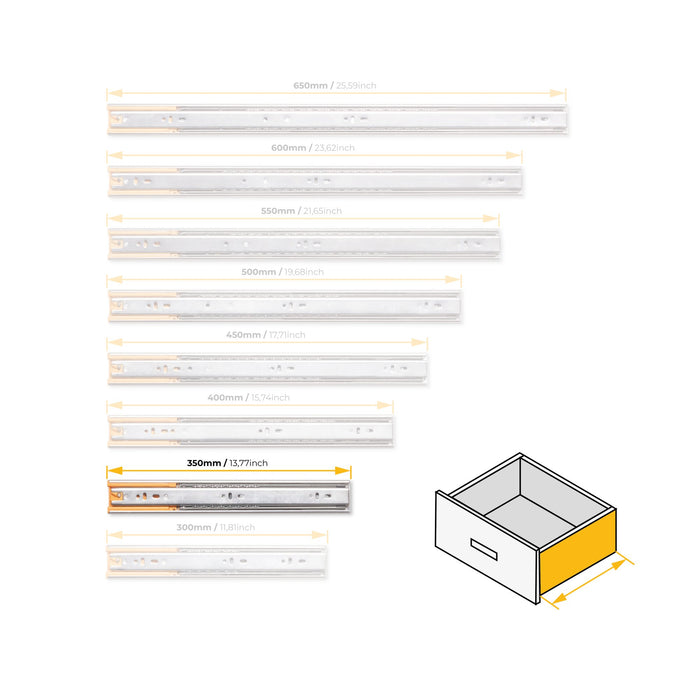 5er Satz Kugelführungen, H 45mm, T 350mm, Vollauszug, Schließautomatik, Verzinkt